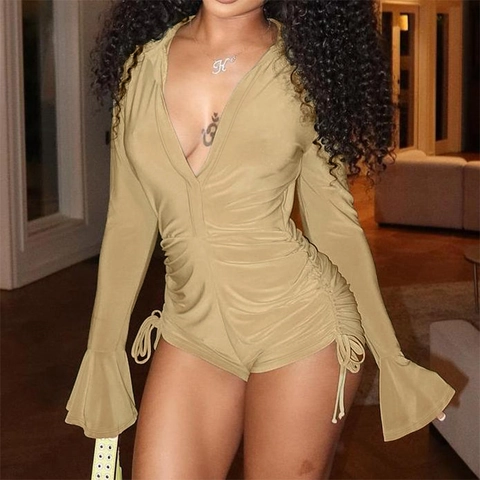 Women Sexy V-Neck Long Sleeve Romper Drawstring Side Ruched Flare Sleeve Slim Fit Ribbed Elastic Playsuit Bodysuit