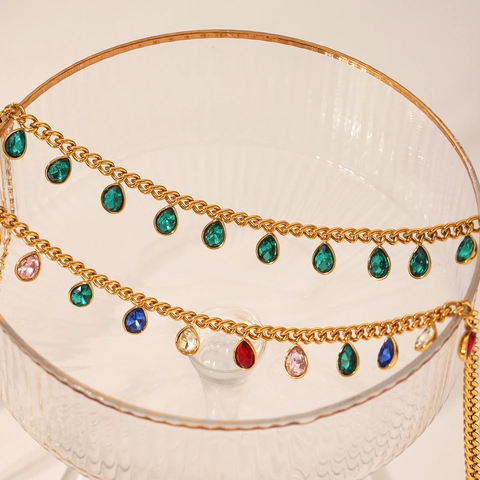 Stainless Steel Necklace With Colorful Zircon Water Drop Tassels Gold Plated Non-Fading Fashion Jewelry For Women