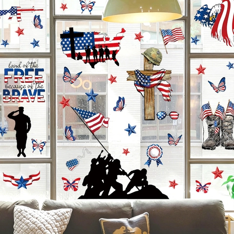 Independence Day Window Clings Static Stickers PVC American Flag Eagle Soldier Silhouettes Patriotic Memorial Day Decor Glass Door Reusable