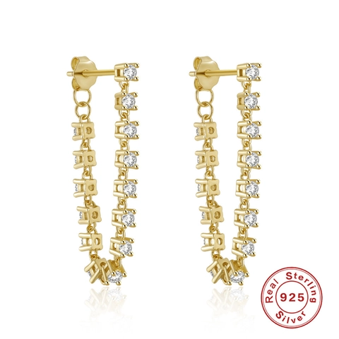 Orecchini Pendenti in Argento Sterling 925 Placcati Oro con Catena e Nappa Intarsiati in Zirconia AAAAA Stile Ins Donna Gioielli