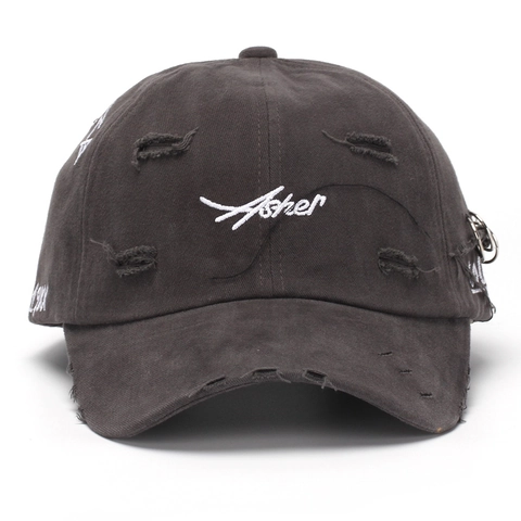 Casquette De Baseball En Coton Distressed Broderie Lettres Streetwear Rétro Chapeau De Soleil Avec Anneaux Métalliques Unisexe