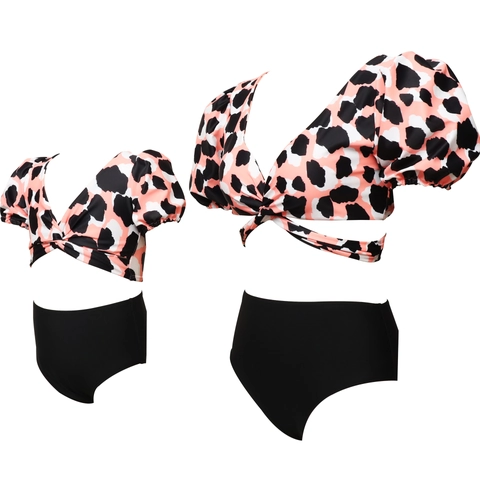 Puff Sleeve Bikini Swimsuit High Waisted Bottom V Neck Wrap Tropical Leaf Leopard Print Nylon Beachwear For Women