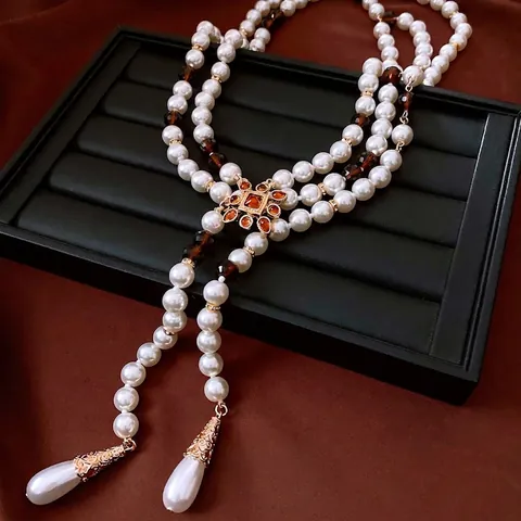 Collar Largo Multicapa De Perlas Artificiales Y Cuentas De Vidrio Vintage Con Colgante De Flor Flecos De Perla Artificial Gota Para Mujeres Estilo Corte Lujo