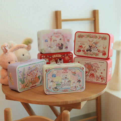 Christmas Tinplate Gift Box Rectangular Metal Storage Case With Flip Top Lid Cartoon Bunny Wedding Party Candy Cookie Packaging