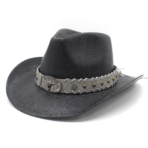 Western Cowboy Hat Paper Straw Sun Protection Outdoor Retro Ethnic With Bull Head Metal Buckle Rivets For Men Women