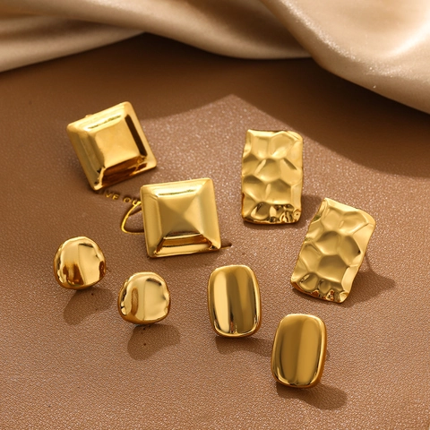 Geometric Copper Stud Earrings For Women Gold Plated Hammered Texture Square Round Rectangular Fashion Jewelry Accessories Gift