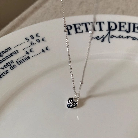 S925 Sterling Silver Black Heart Pendant Necklace With Bowtie Sweet Balletcore Style Enamel Clavicle Chain Jewelry For Women