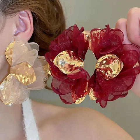 Grandi Orecchini A Fiore In Chiffon Con Perno In Argento Sterling 925 Maglia Lega Gioielli Eleganti Per Donne