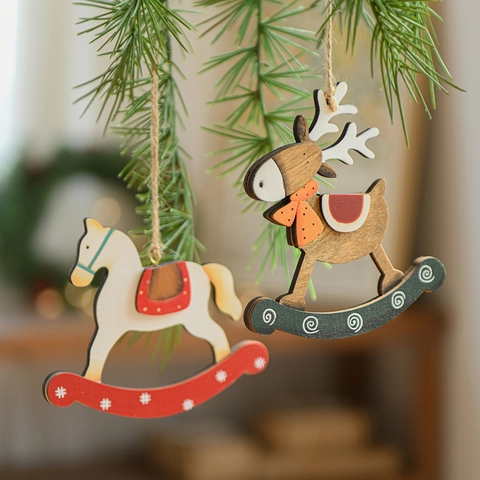 Weihnachtsbaum Holz Ornamente Bemalte Rentier Schaukelpferd Retro Anhänger Für Home Holiday Decor Vintage
