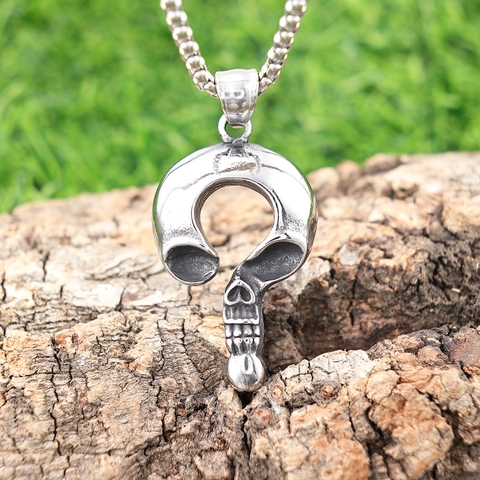 Skull Question Mark Pendant Necklace Stainless Steel Punk Gothic Hip Hop Jewelry For Men Vintage Silver Tone Box Chain Necklaces