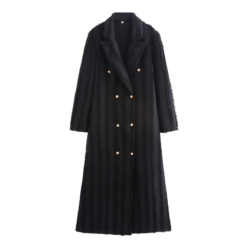 Dames Lange Double Breasted Trenchcoat Zwart Franje Ruwe Rand Streetwear Polyester Pak Jas Bovenkleding