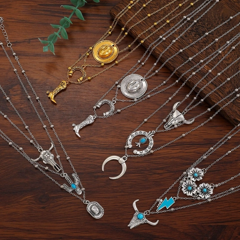 Vintage Western Cowboy Multi-layer Necklace Set Alloy Turquoise Bull Head Cactus Horse Boot Pendant Boho Ethnic Jewelry Women