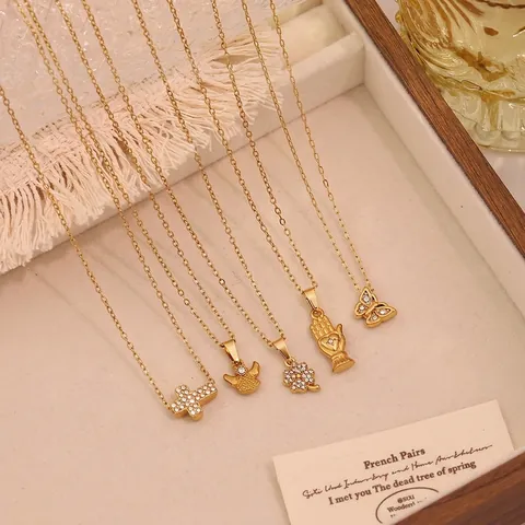 Stainless Steel Pendant Necklace 18K Gold Plated Zircon Butterfly Cross Angel Clover Hand Dainty Jewelry For Women