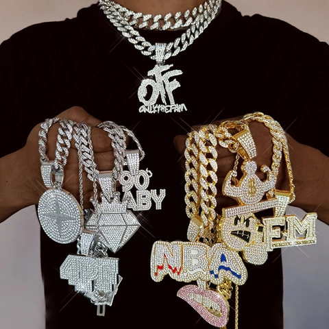 Hip Hop Legering Strass Hanger Ketting Met Cubaanse Ketting Iced Out Letters Smiley Face Emoji Sieraden Voor Mannen Vrouwen