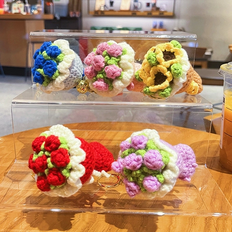 Handmade Crochet Flower Bouquet Keychain Knitted Rose Sunflower Bag Pendant Soft Yarn Gift For Women Girls With Bell
