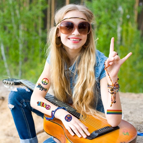 Hippie Waterproof Temporary Tattoo Stickers Peace Love Rainbow Pride Body Art Face Stickers For Music Festival Party Decoration
