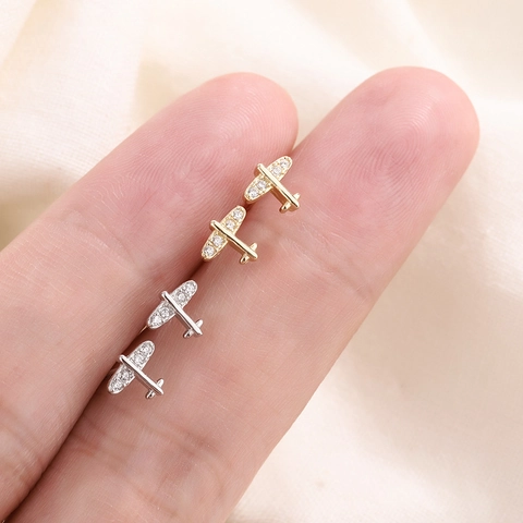 Mini Airplane Stud Earrings For Women Tiny Copper Metal With Shiny Zircon Inlaid Minimalist Delicate Airplane Jewelry