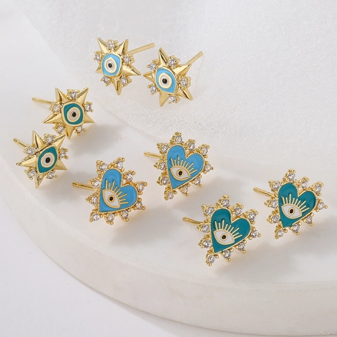 Boucles Oreilles Puces Mauvais Oeil Cuivre Plaqué Or Zircone Cubique Étoile Coeur Émail Bijoux Uniques Style Ins Femme