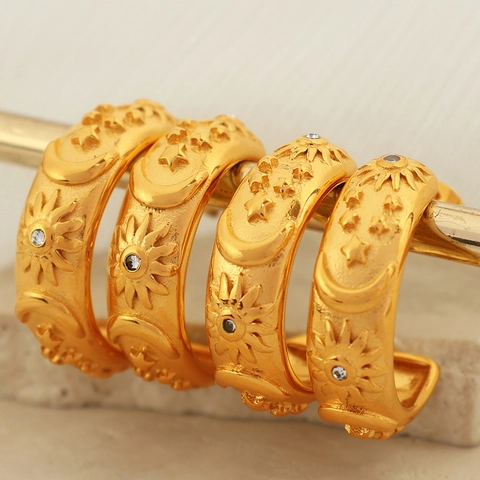Vintage Stainless Steel Hoop Earrings With Celestial Sun Moon Star Embossed Rhinestone Gold Plated Jewelry For Women