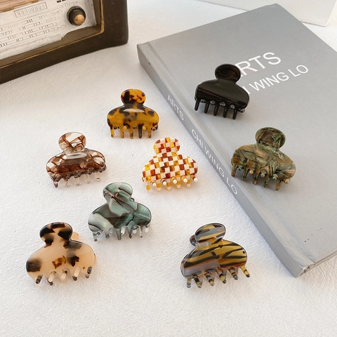Small Hair Claw Clips Acetate Marble Tortoiseshell Checkerboard Pattern Non-Slip Retro Hair Accessories Women Girls