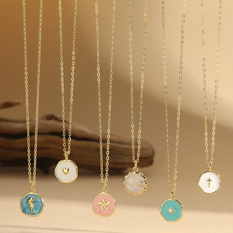 Collana Con Pendente In Rame Smalto A Goccia D'olio Cuore Stella Cavalluccio Marino Croce Placcato Oro Gioielli Per Donne