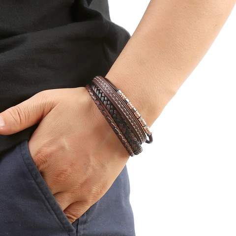 Multi Layer Braided Leather Bracelet For Men With Stainless Steel Beads And Magnetic Buckle Punk Style Fashion Jewelry