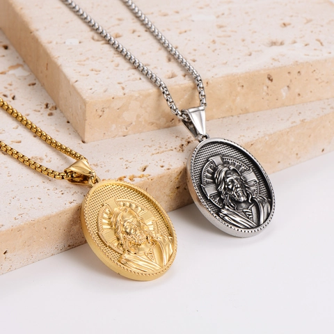 Collana Con Pendente Ovale Ritratto Di Gesù Medaglione Religioso Retro Gioielli In Lega Vintage