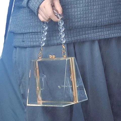 Transparent Acrylic Evening Clutch Bag With Gold Metal Frame And Bead Handle Trapezoid Handbag For Women Party