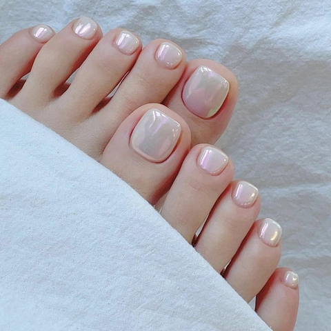 Glossy Pearlescent Aurora Press On Toenails Solid Color Nude Pink Full Cover Short Square Fake Foot Nails For Women