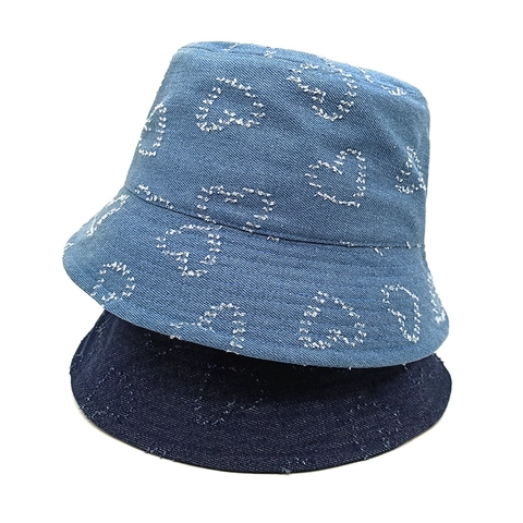 Women Cotton Denim Bucket Hat Vintage Distressed Frayed Heart Pattern Summer Sun Protection Travel Casual Korean Style
