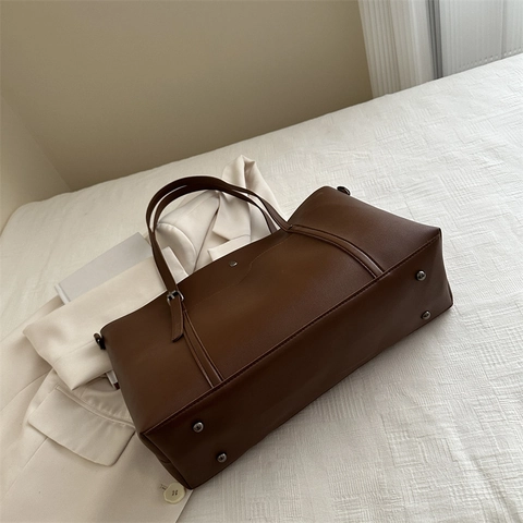 Women Large Capacity Tote Bag PU Leather Vintage Commute Shoulder Bag With Front Pocket Adjustable Strap