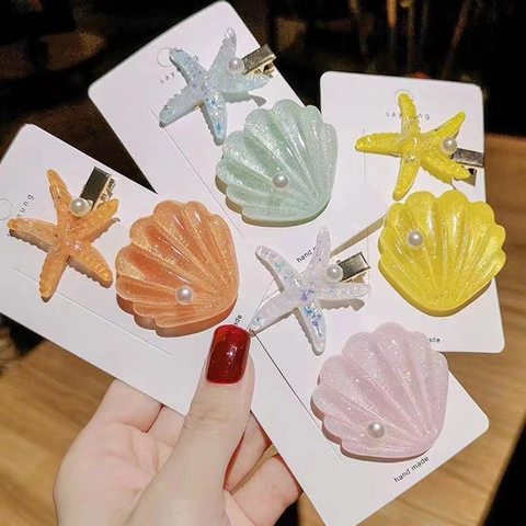 Pinza Para El Pelo Estrella De Mar Concha Y Clip Lateral Resina Con Perla Artificial Brillo Dulce Accesorio Mujeres Niñas