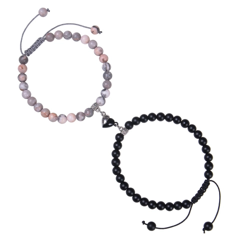 Bracciale Abbinato a Cuore Magnetico in Tessuto a Mano Per Coppia Perline in Pietra Naturale Zebra Rosa Bracciale a Corda Regolabile Regalo Gioielli