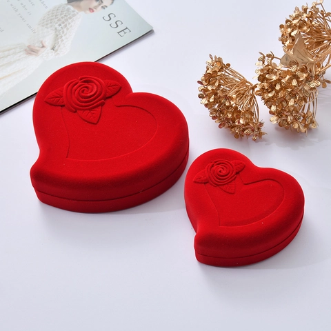 Joyero En Forma De Corazón Terciopelo Flocado Rosa Relieve Caja De Regalo Para Collares Pendientes Anillos Elegante Novedad