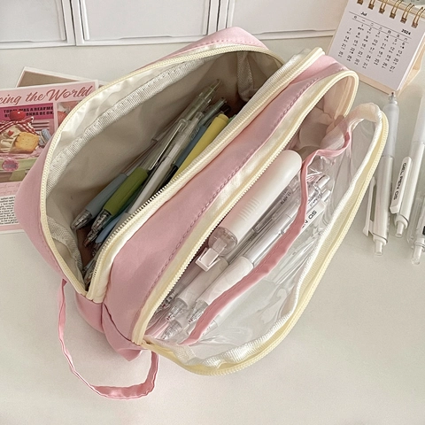 Etui Met Grote Capaciteit Nylon Canvas Met Transparant PVC Venster Meerlaagse Draagbare Schrijfwaren Tas Student School