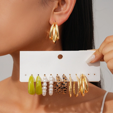 Orecchini A Cerchio Geometrici Lega Acrilico Perla Artificial Sintetica Leopardo Resina Verde Con Ago In Argento Vintage Donna