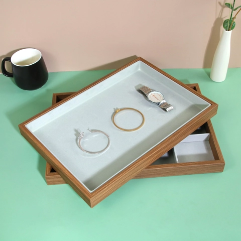 Wooden Jewelry Display Tray Velvet Lining Organizer Box For Ring Earring Necklace Bracelet Storage Showcase