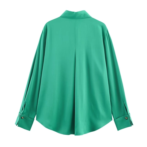 Women Long Sleeve Satin Blouse Shirt Lapel Collar Button Up With Pocket Solid Color Elegant Office Casual Top