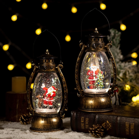 Farol Bola De Nieve Navideño Con Luz Música Bronce Vintage Plástico Con Purpurina Agua Decoración Papá Noel Muñeco