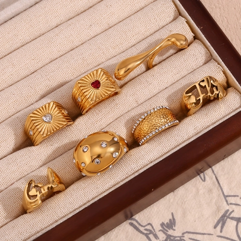 Anillo Vintage Textura Martillada Oro 18K Acero Inoxidable 316L Circonita Corazón Letra Joyas Geométricas Para Mujer