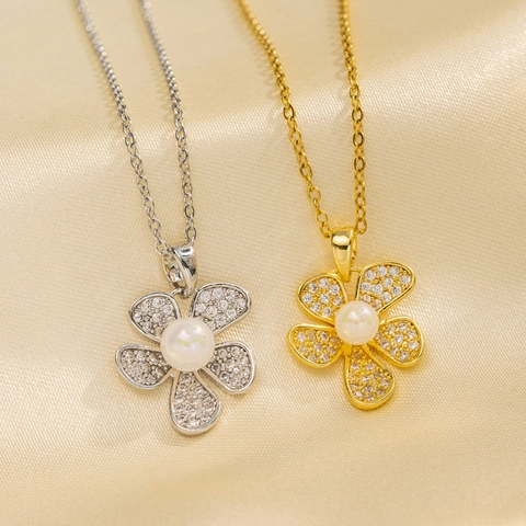 Collana Con Pendente A Fiore Acciaio Inossidabile Perla Artificial Sintetica Zirconia Gioielli Di Moda Minimalisti Donna