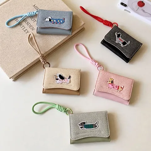 Cute Dog Embroidery Women Wallet Card Holder PU Leather Denim Fabric Multifunctional Short Fold Wrist Lanyard Korean Ins Style