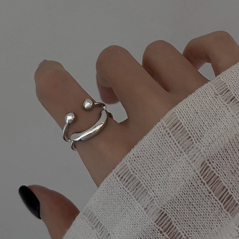 Smile Face Open Ring Copper Minimalist Layered Round Beads Trendy Aesthetic Chic Finger Jewelry For Women