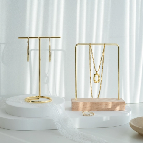 Gold Plated Iron Jewelry Display Stand Beech Wood Base Nordic Minimalist Necklace Earring Ring Holder Photography Props