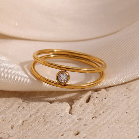 Double Layer Ring 18K Gold Plated Stainless Steel Cubic Zirconia Minimalist Geometric Elegant Jewelry For Women