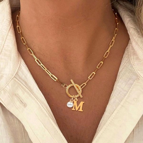 Collana A Catena Paperclip In Acciaio Inossidabile Con Perla Artificial Imitazione E Ciondolo Lettera Alfabeto Chiusura A T Moda