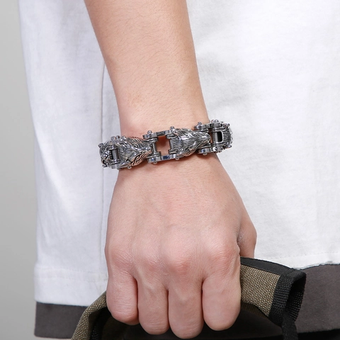 Pulsera Cabeza De Lobo Hombre Acero Inoxidable Biker Cadena Moto Punk Rock Hip Hop Gótico Joyería Accesorio Heavy Metal