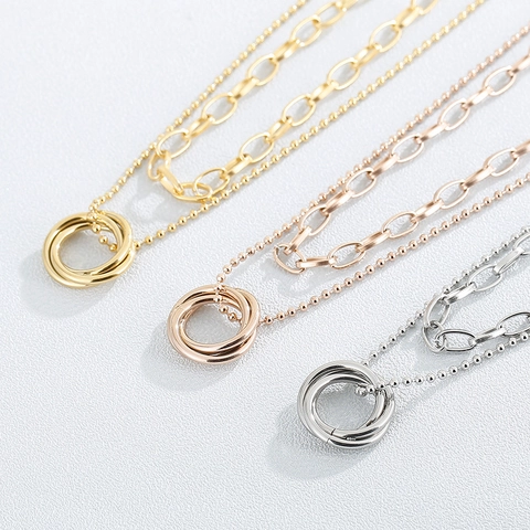 Collana A Doppio Strato Per Donna Moda Acciaio Inossidabile Ciondolo Con Tripli Anelli Intrecciati Gioielli Cerchi Incastrati