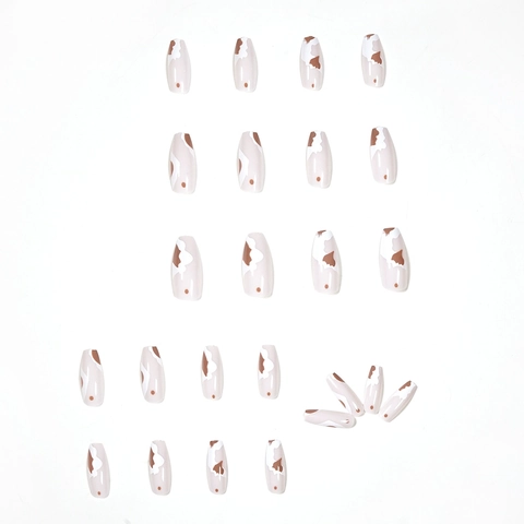 Uñas Press On Forma Ataúd Estampado Vaca Mármol Marrón Cappuccino Puntas De Uñas Postizas Para Mujeres Moda Diaria