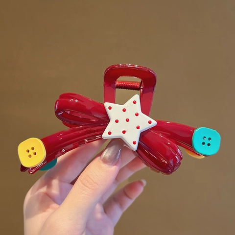 Grande Pince À Cheveux En Acrylique Nœud Papillon Avec Étoile À Pois Et Boutons Colorés Style Doux Pour Femmes
